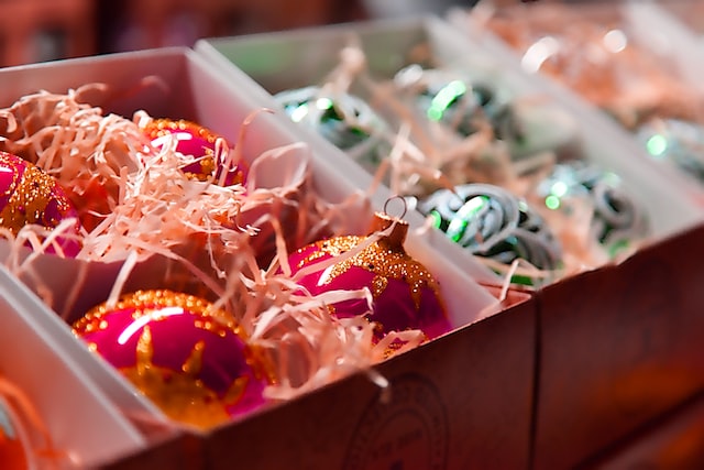 Christmas tree decorations packed in boxes