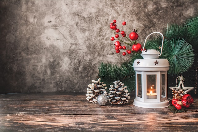 Christmas decorations on a wooden surface