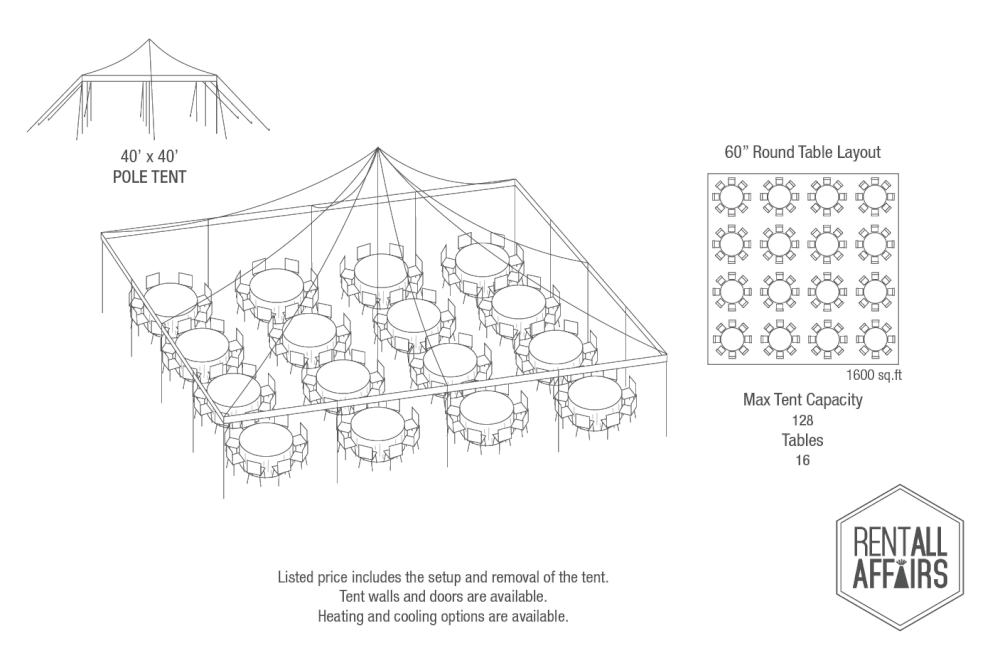 128 Guest – 30×60 Pole Tent – Round Tables